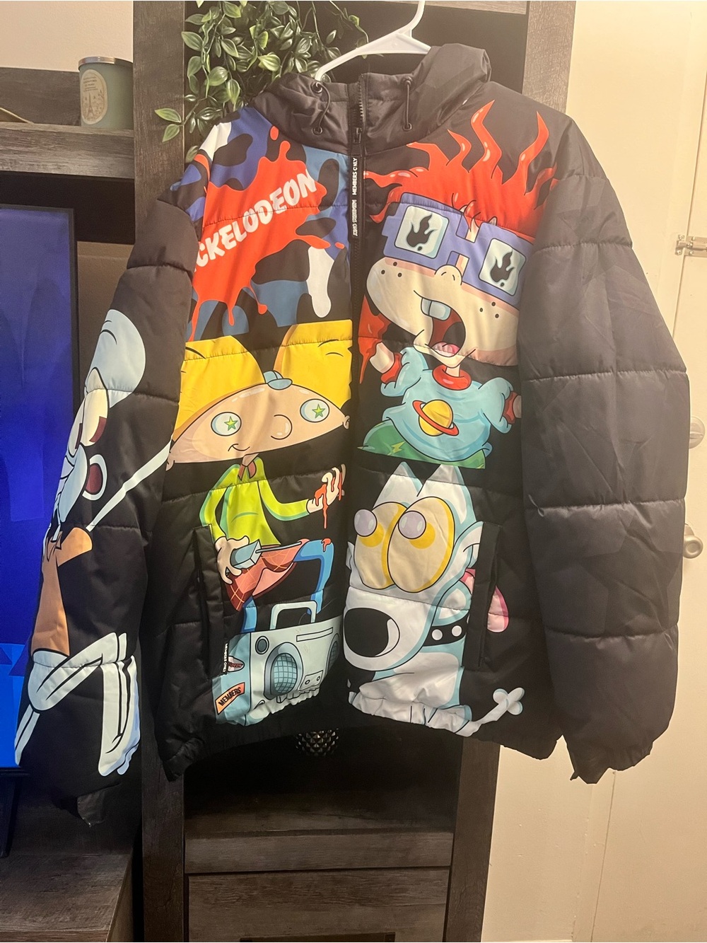 Members Only Black Puffer Jacket with Colorful Cartoon Nickelodeon Printc